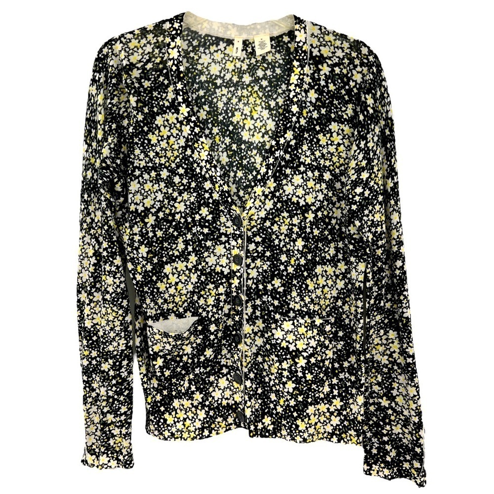 Anthropologie Moth,lightweight button floral sweater, black & yellow SZ M